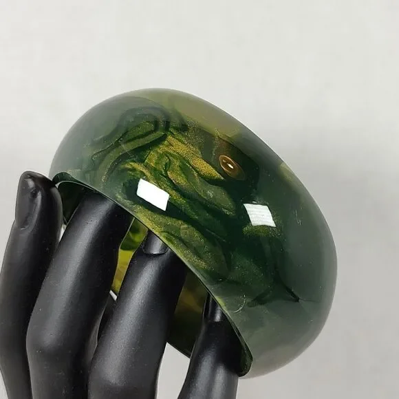 Wide Chunky Glossy Green Marbled Resin Bangle Fashion Statement Bracelet 9" - Picture 11 of 14